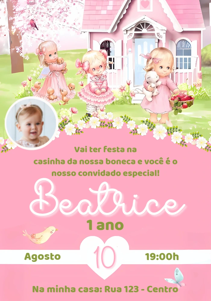 Convite Aniversário Casa de Bonecas com Foto para Editar Online