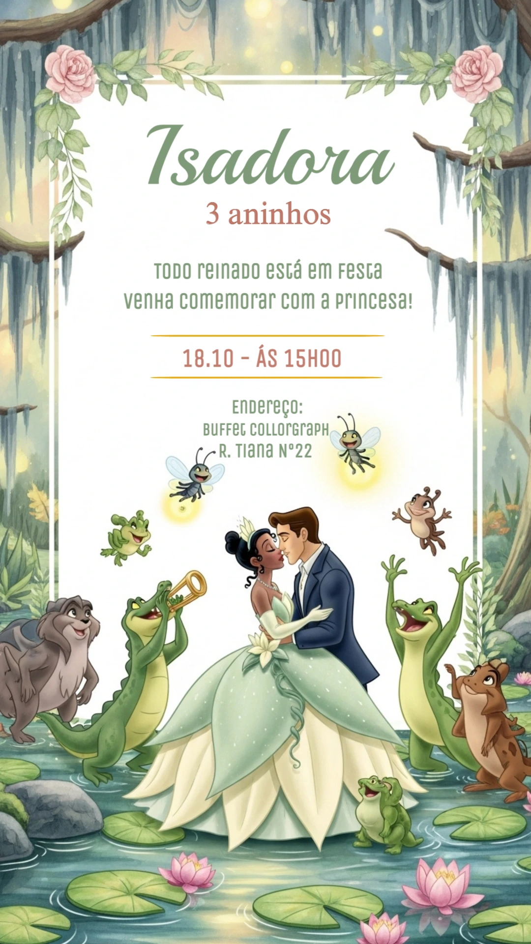 Convite Aniversário Princesa e o Sapo para Editar Online