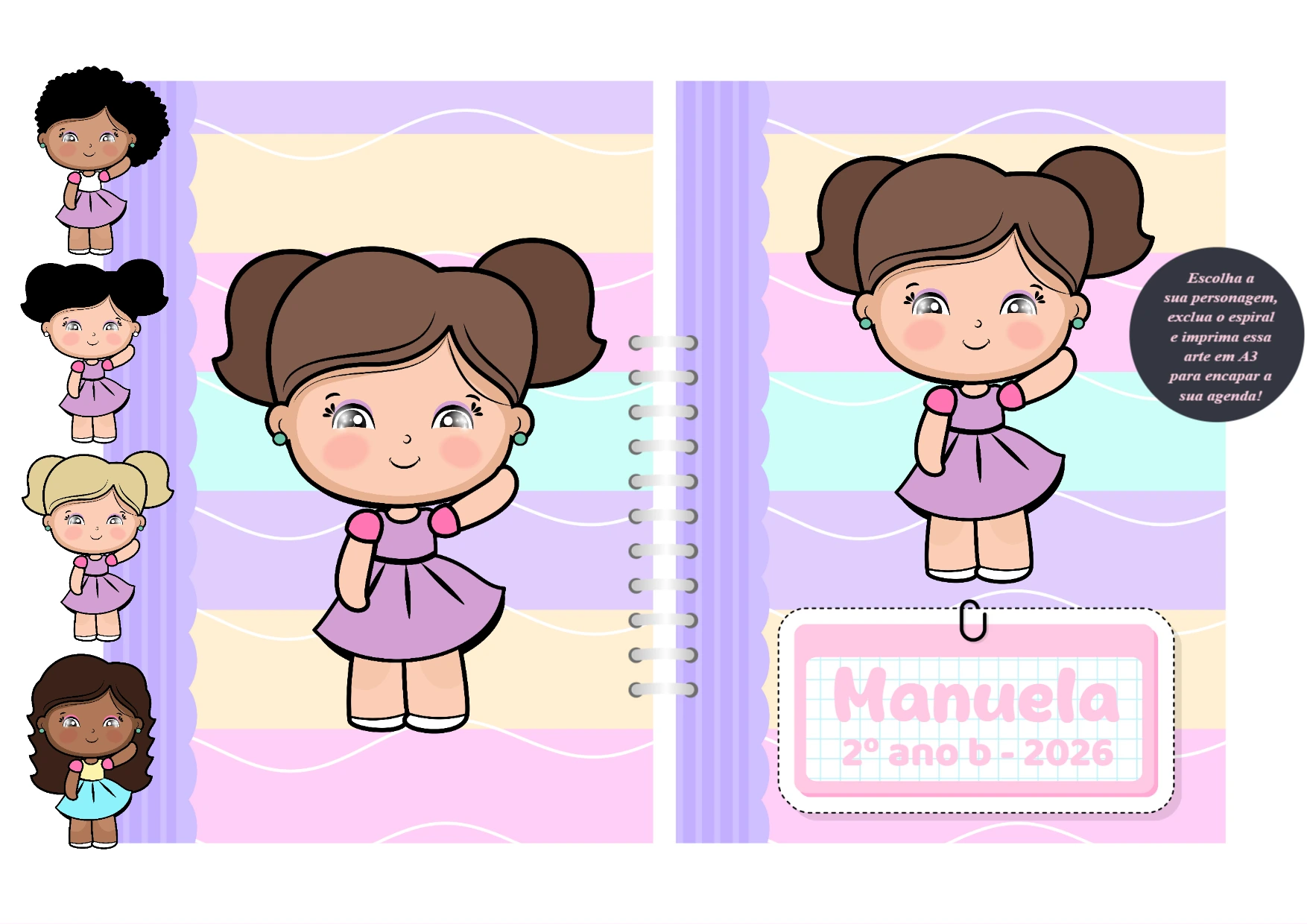 Capa de Agenda Menina com Personagens para Editar Online