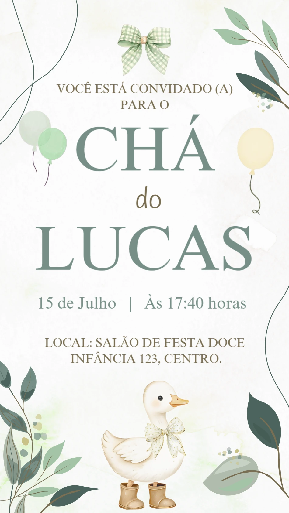 Convite Chá de Bebê Patinho Aquarela para Editar Online