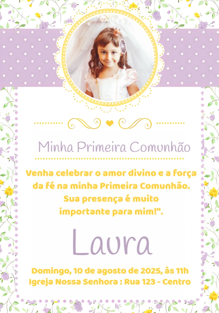 Convite Primeira Comunhão com Foto Floral para Editar Online