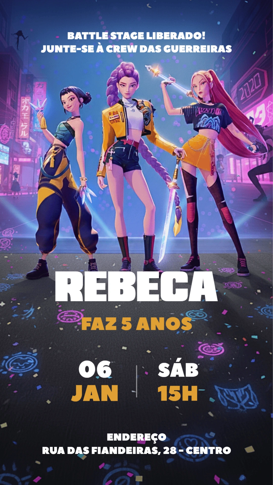 Convite Aniversário Guerreiras K-pop para Editar Online