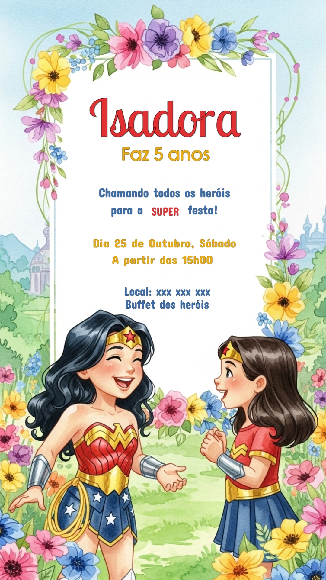 Convite de Aniversário Mulher Maravilha para Editar Online