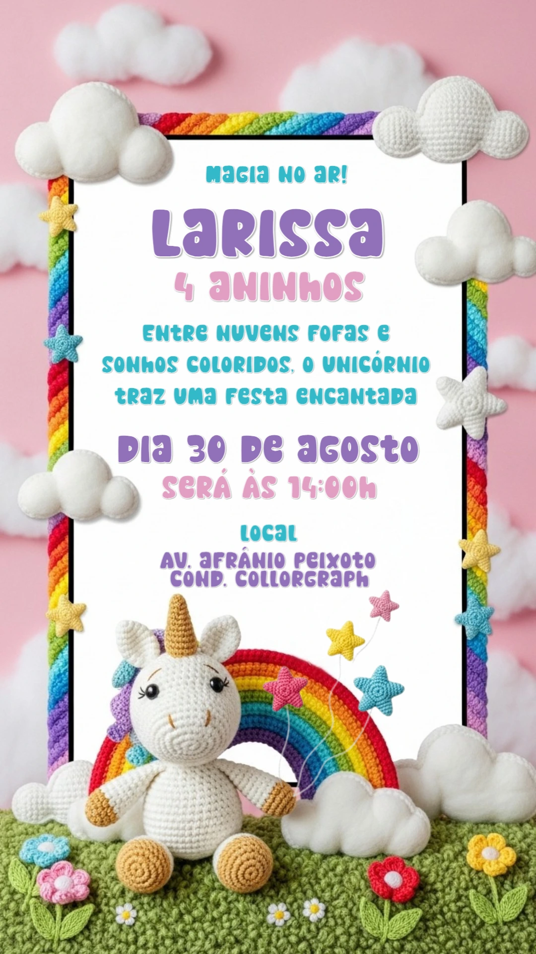 Convite Aniversário Unicórnio Amigurumi para Editar Online