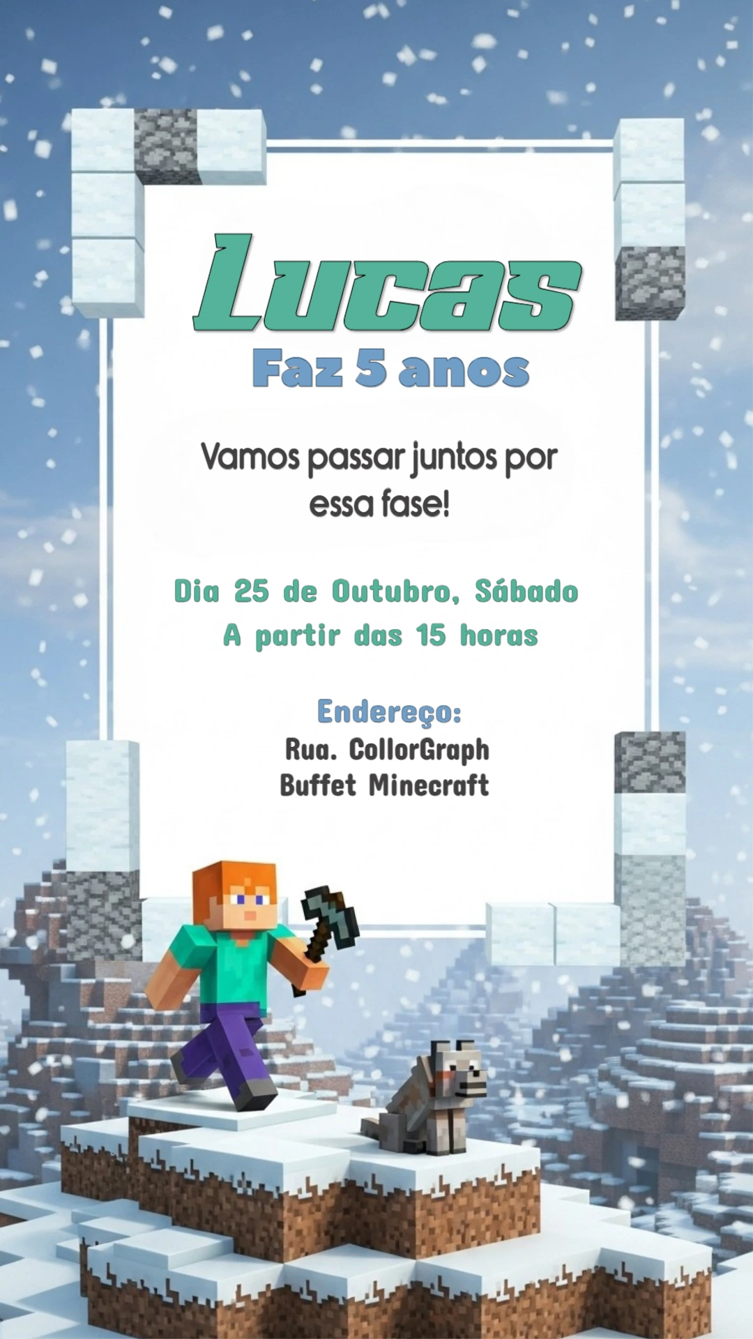 Convite de Aniversário Minecraft com Blocos para Editar Online