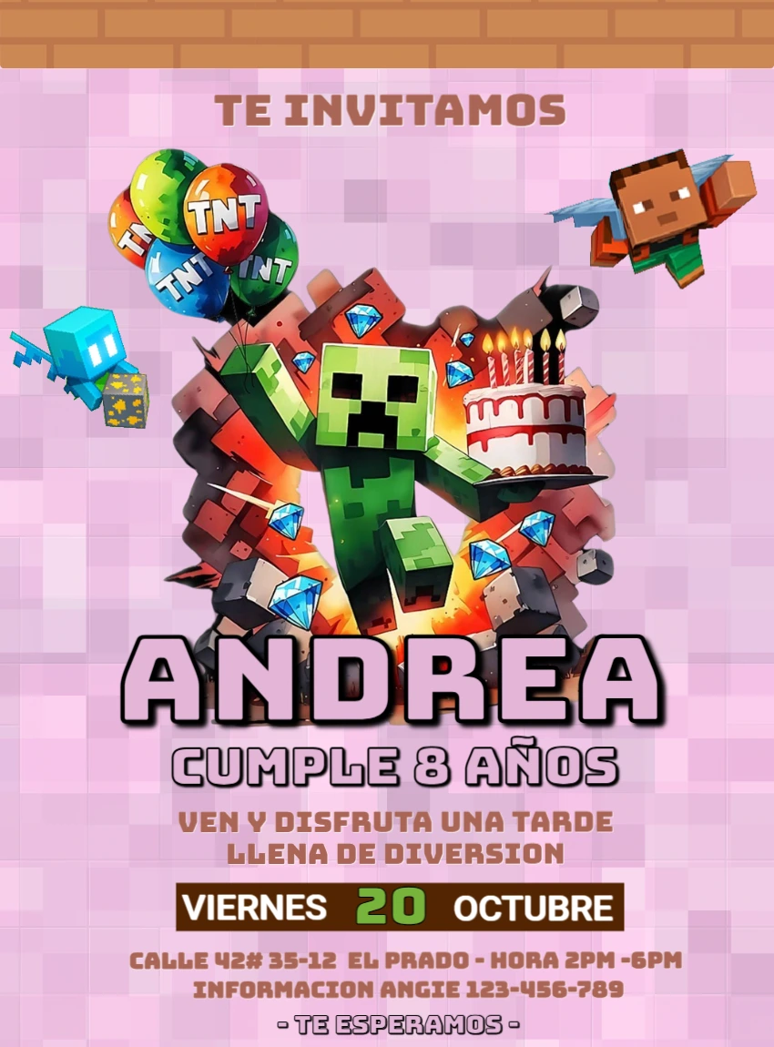 Invitación de Cumpleaños Minecraft para Editar Online