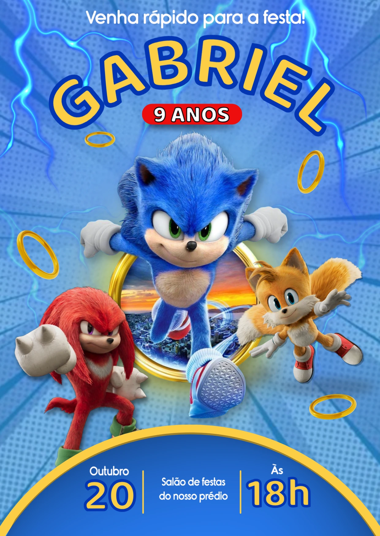 Convite de Aniversário Sonic com Personagens para Editar