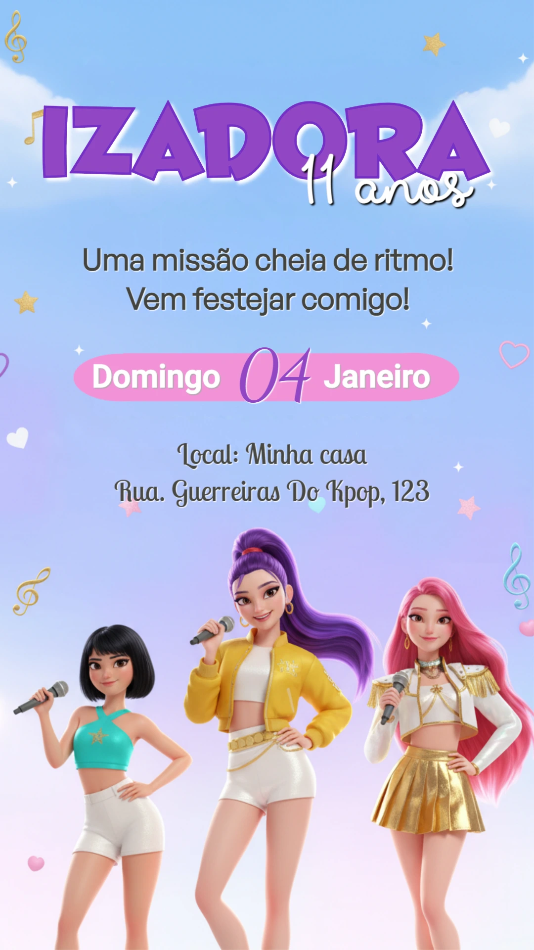 Convite Digital Aniversário Guerreiras do K-pop Musical Roxo e Rosa Editável