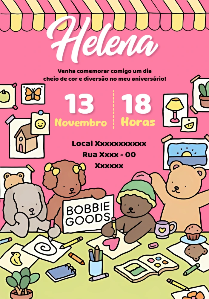 Convite Aniversário Ursinhos Desenhistas para Editar Online