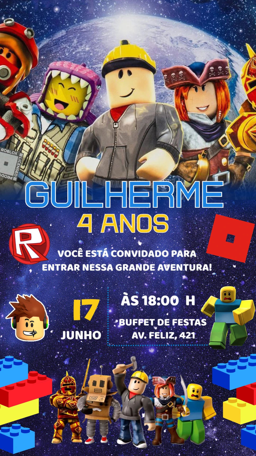 Convite de Aniversário Roblox com Personagens para Editar Online