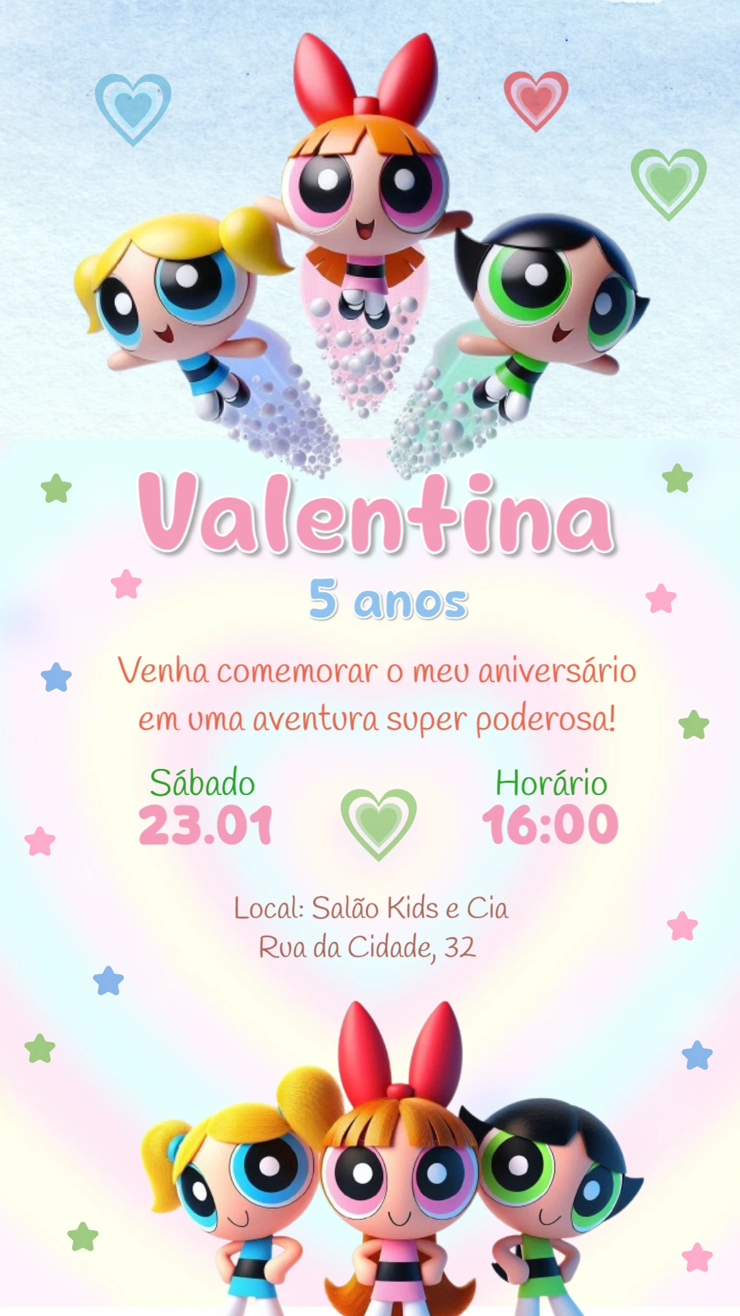 Convite Aniversário Meninas Super Poderosas para Editar Online