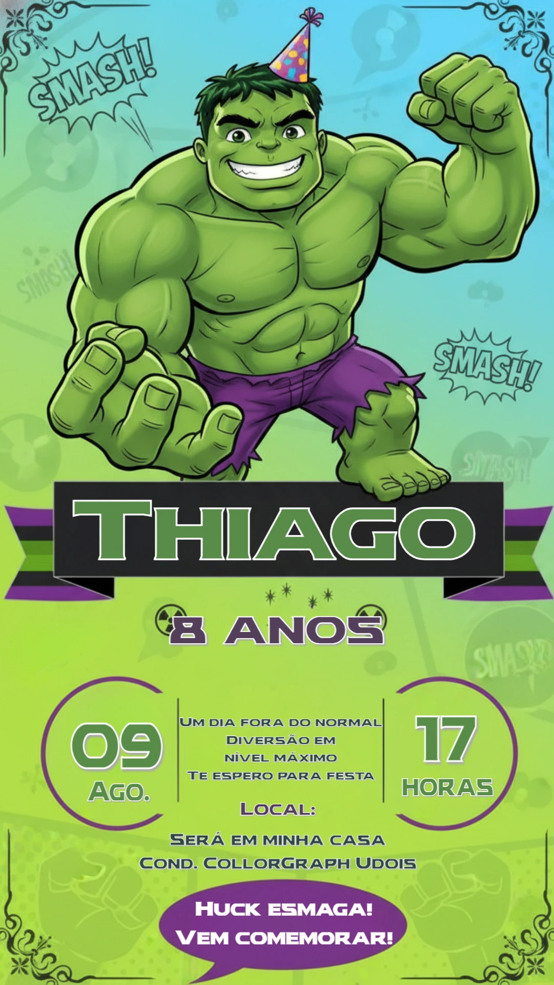 Convite Digital Aniversário Infantil do Hulk Editável
