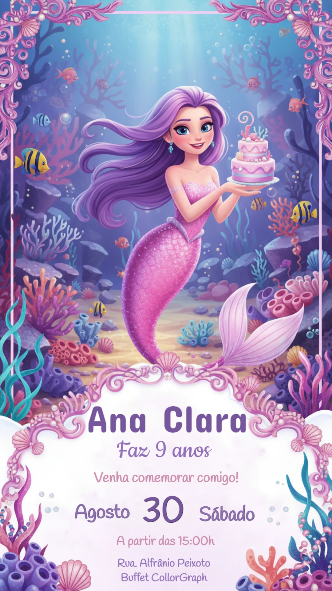 Convite Digital Sereia Mágica com Cabelo Roxo para Editar