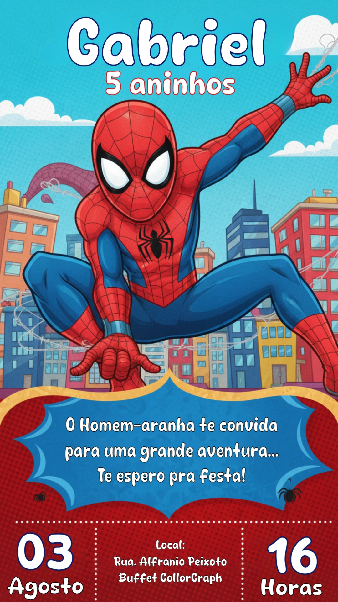 Convite de Aniversário Homem-Aranha para Editar Online