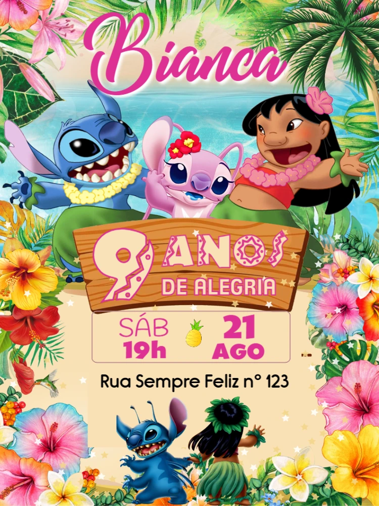 Convite Aniversário Lilo e Stitch Tropical para Editar Online