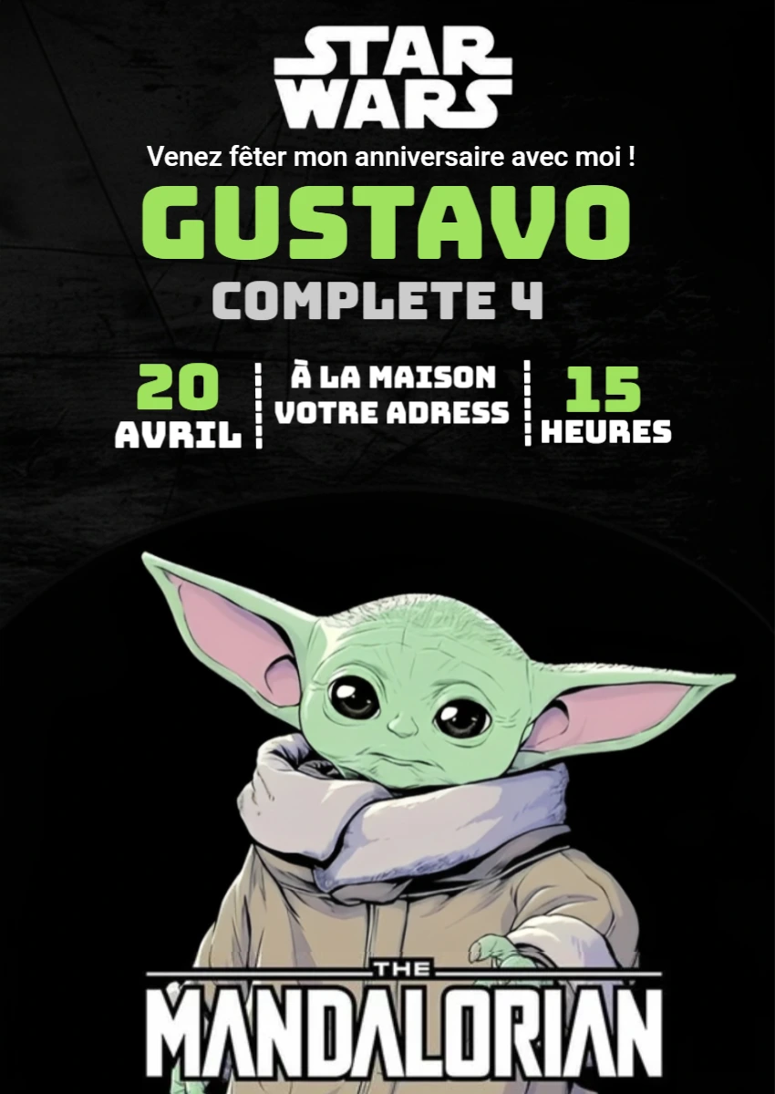 Invitation Anniversaire Star Wars Grogu (Baby Yoda) à modifier