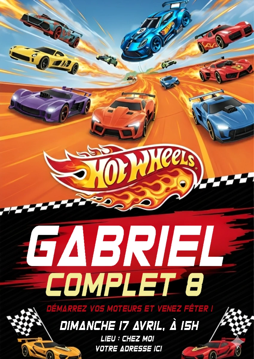 Invitation Anniversaire Hot Wheels à Modifier en Ligne