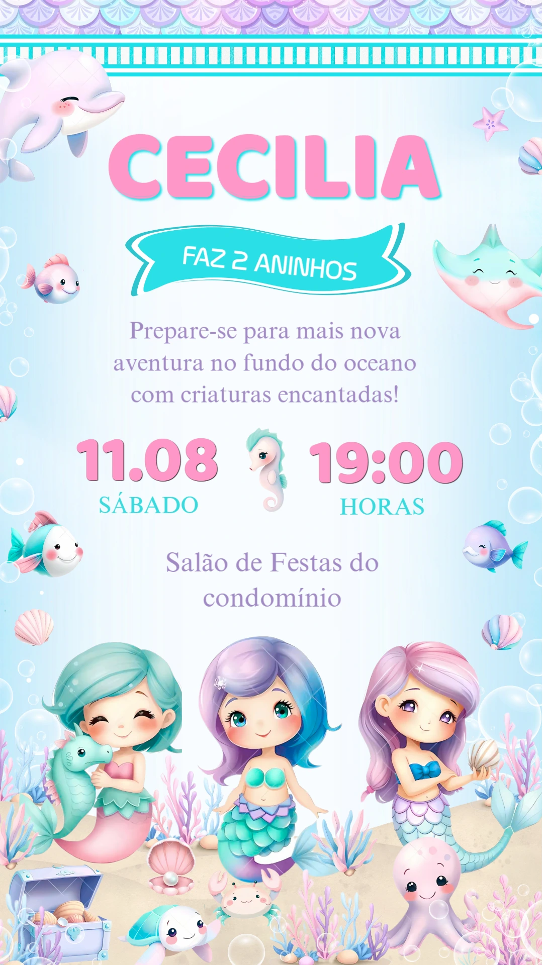 Convite Aniversário Sereia Fundo do Mar para Editar Online