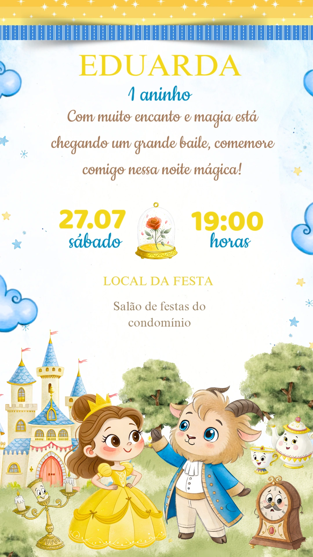 Convite de Aniversário A Bela e a Fera para Editar Online