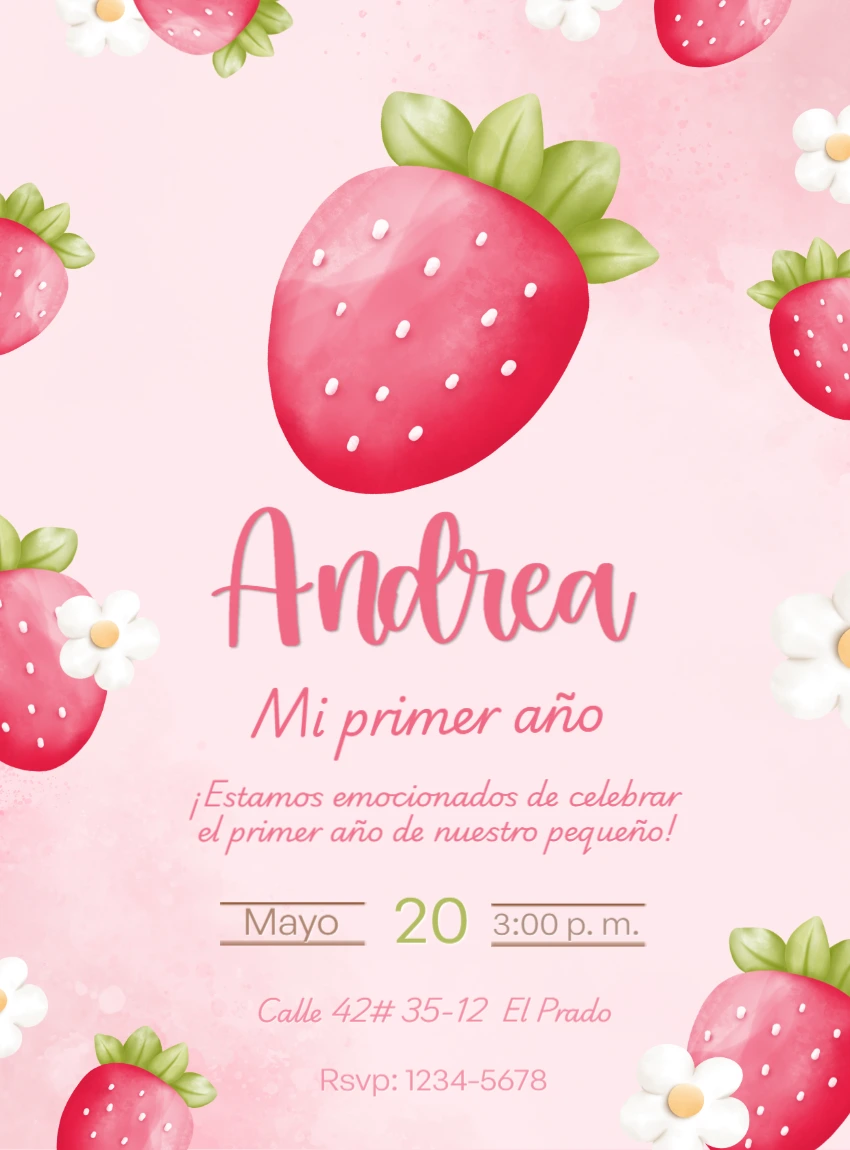 Invitación de Primer Cumpleaños de Fresa Modelo Editable