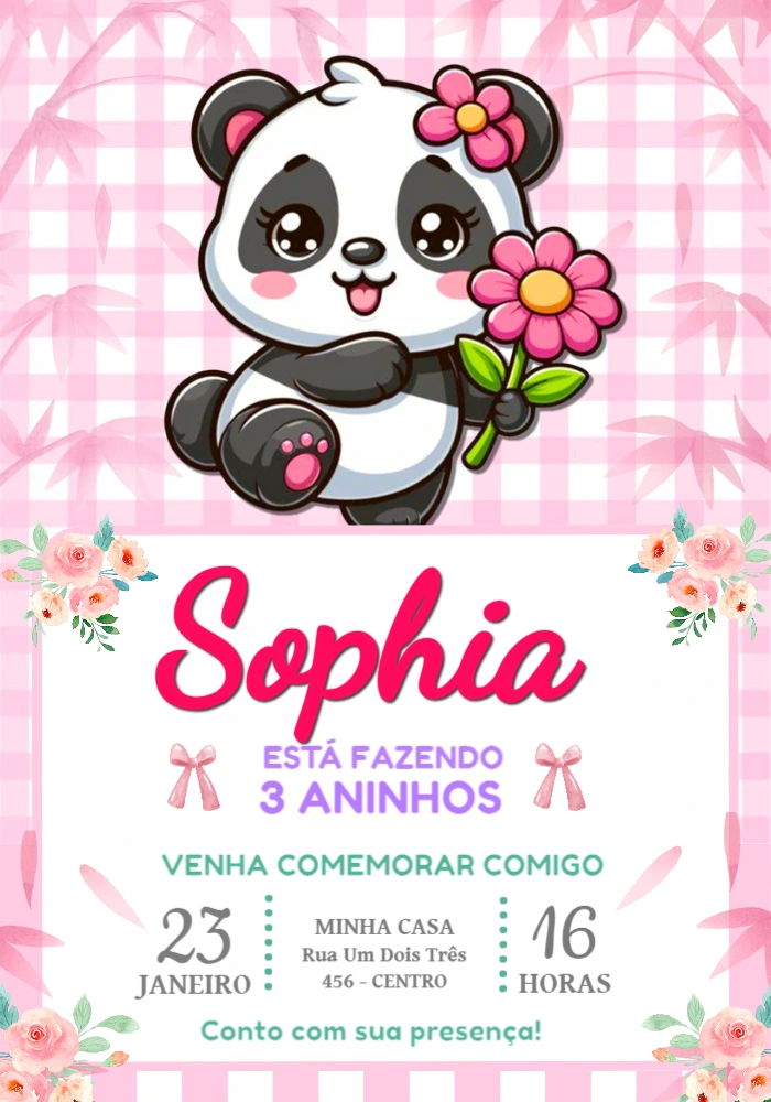 Convite de Aniversário Panda Fofo Rosa Editável