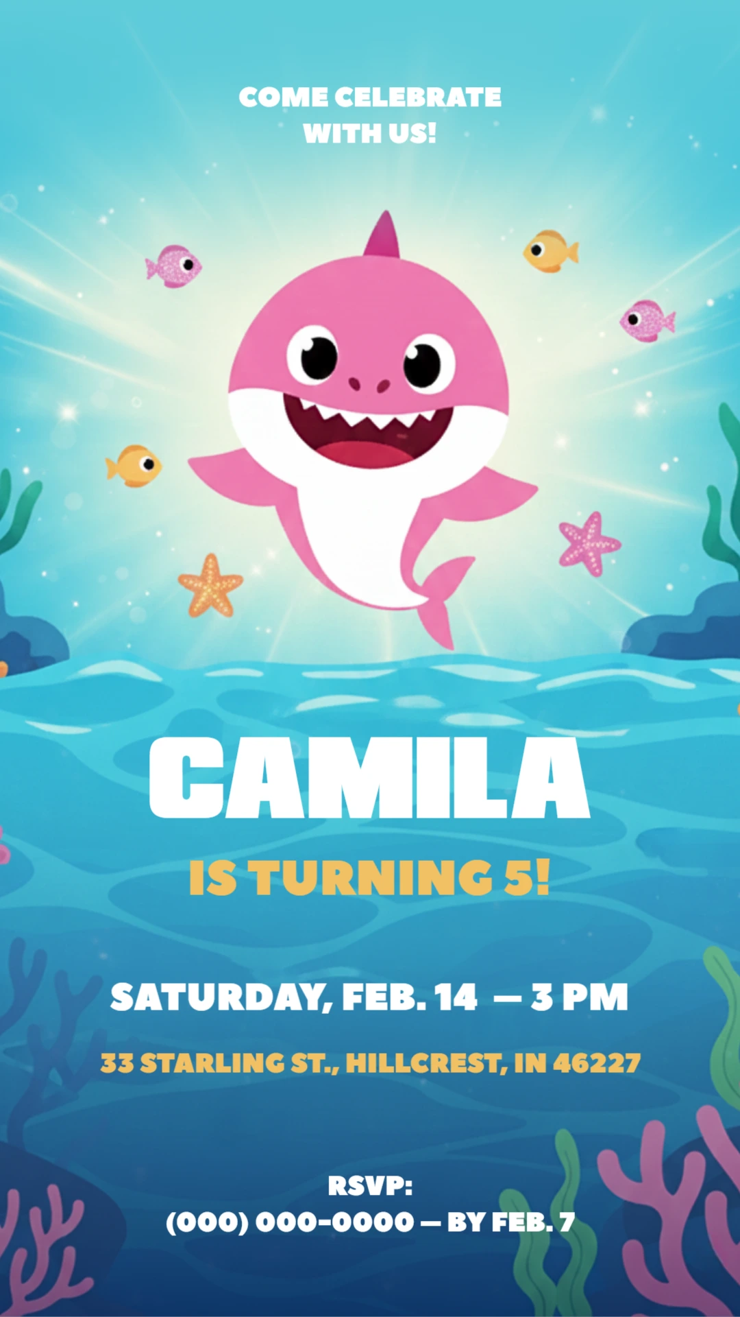 Editable Pink Shark Birthday Invitation Template