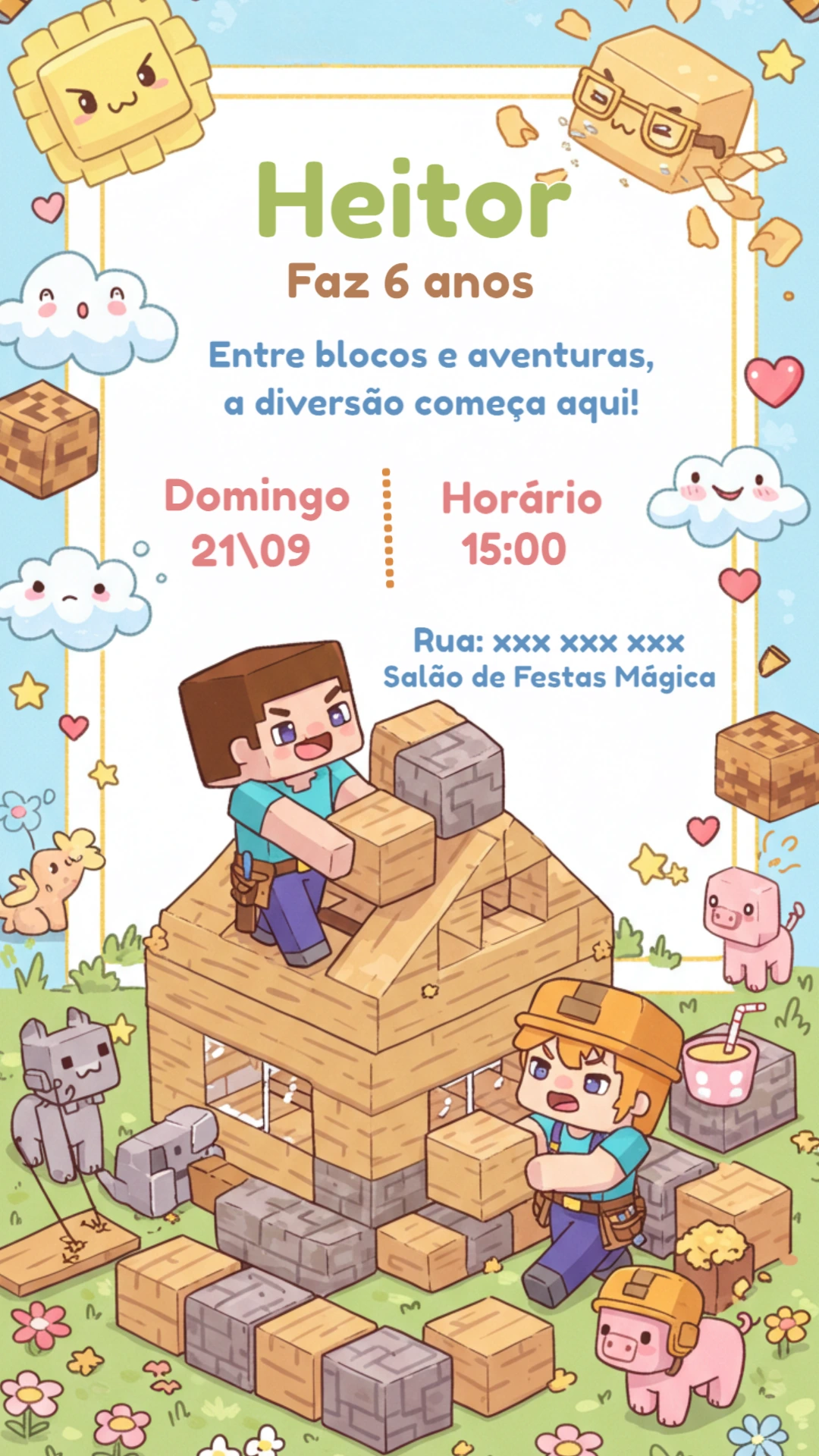Convite de Aniversário Minecraft Fofo para Editar Online