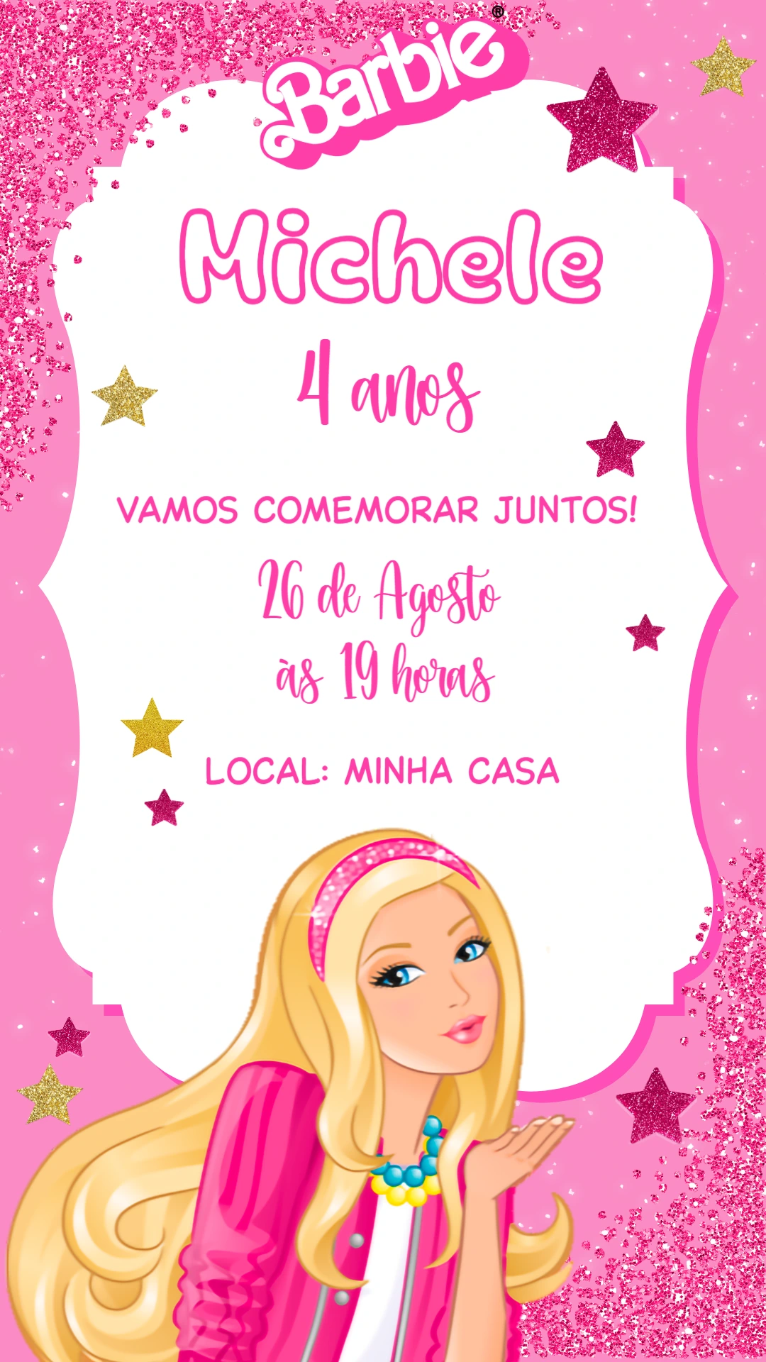 Convite de Aniversário Barbie Rosa com Glitter para Editar Online