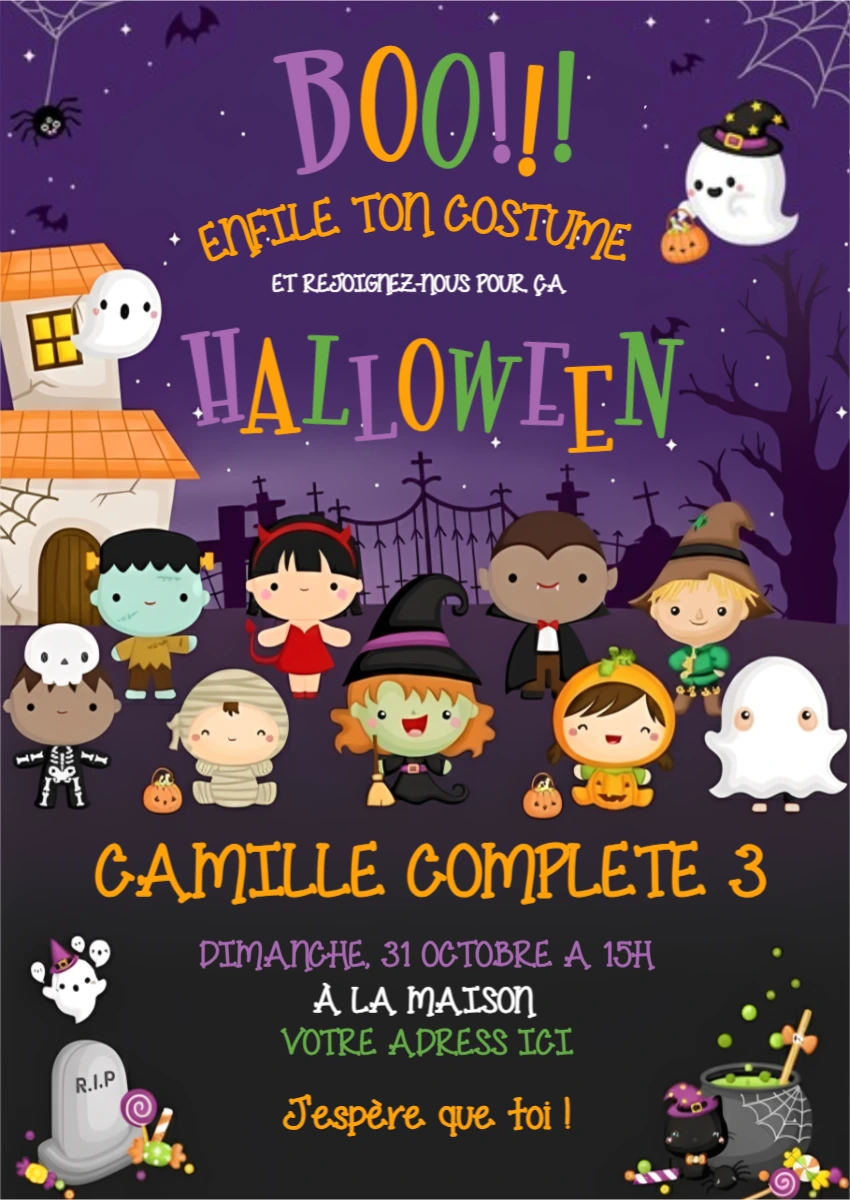 Invitation Anniversaire Halloween Mignonne pour Enfants à Modifier