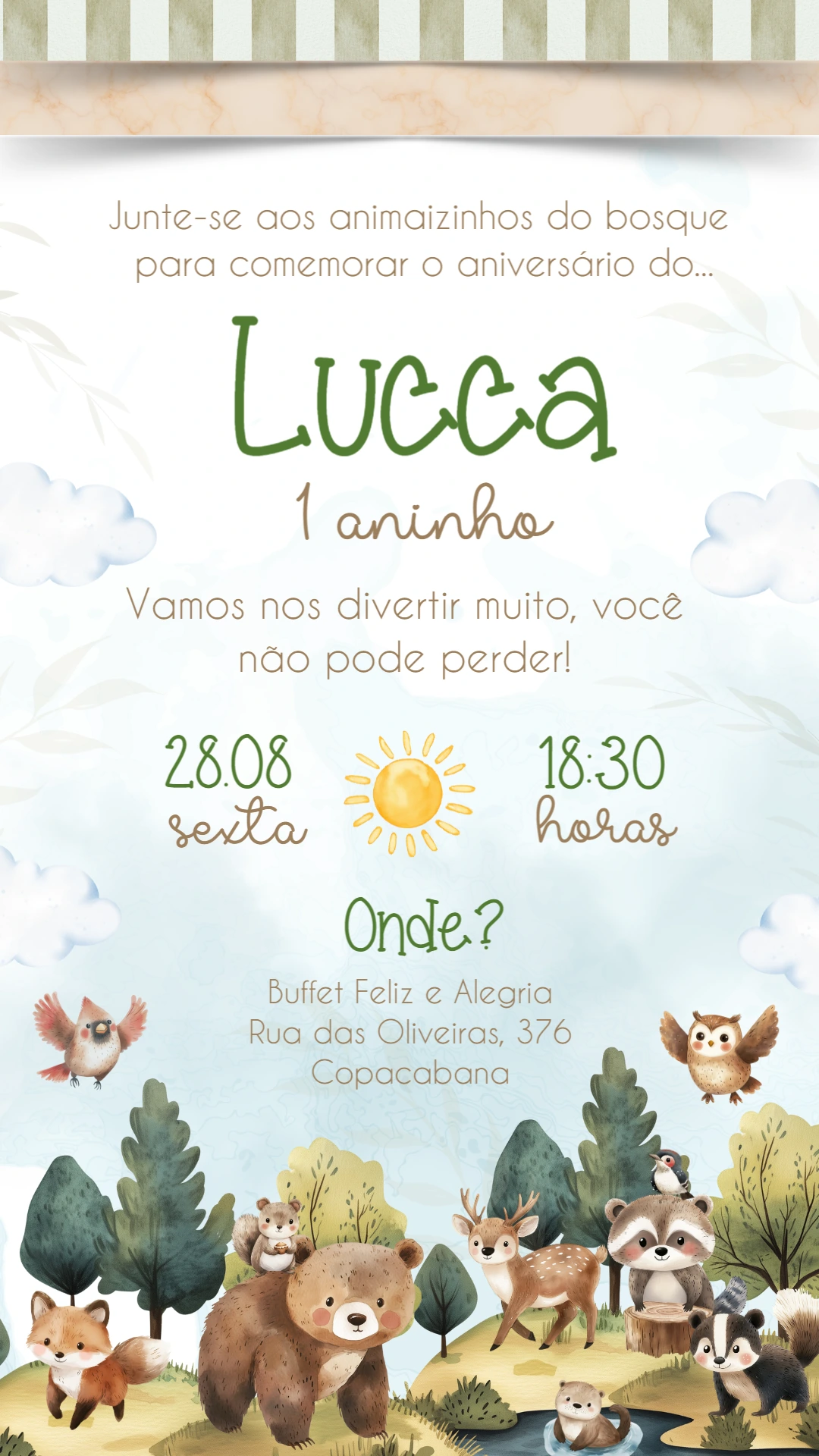 Convite Aniversário Bosque Encantado com Animais para Editar