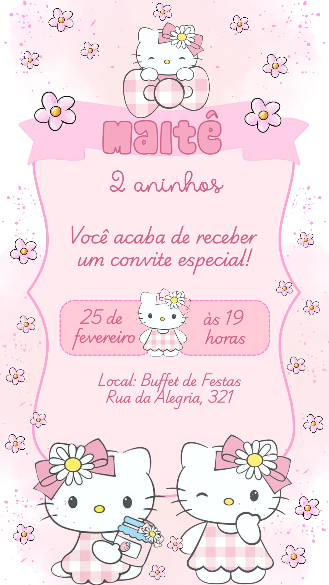 Convite Aniversário Hello Kitty Rosa para Editar Online