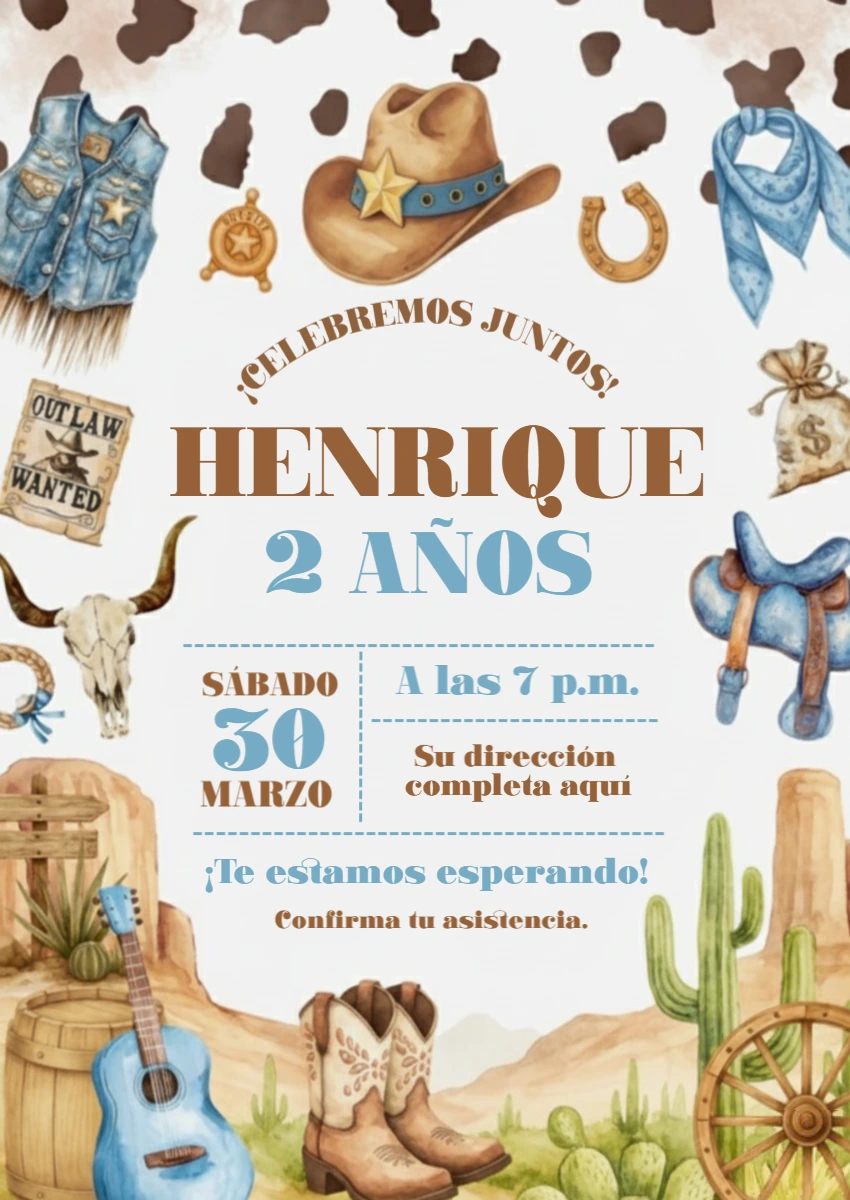 Invitación Digital de Cumpleaños Vaquero para Editar