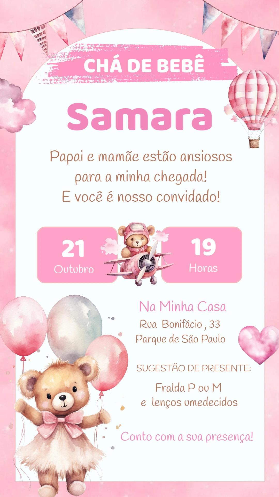 Convite Chá de Bebê Ursinha Baloeira para Editar Online