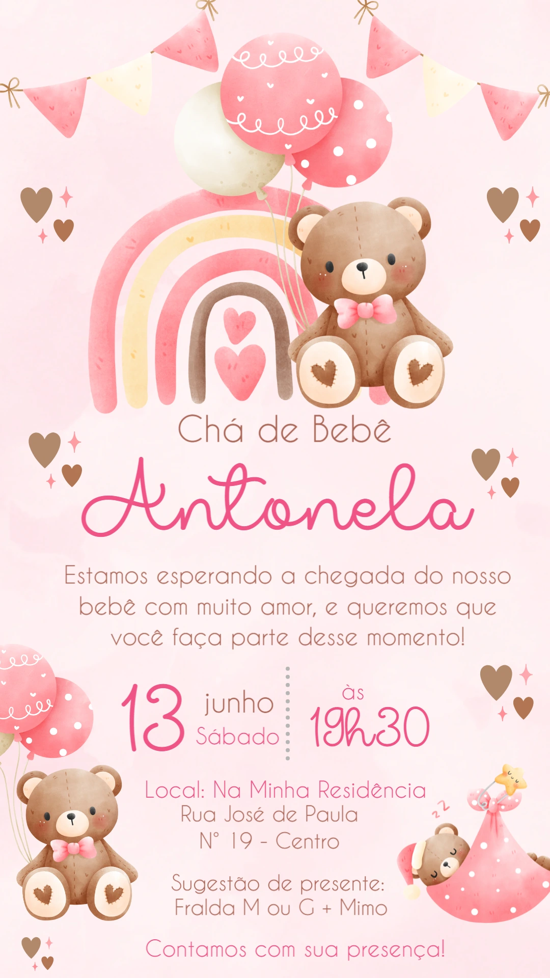 Convite Chá de Bebê Ursinha Aquarela para Editar Online