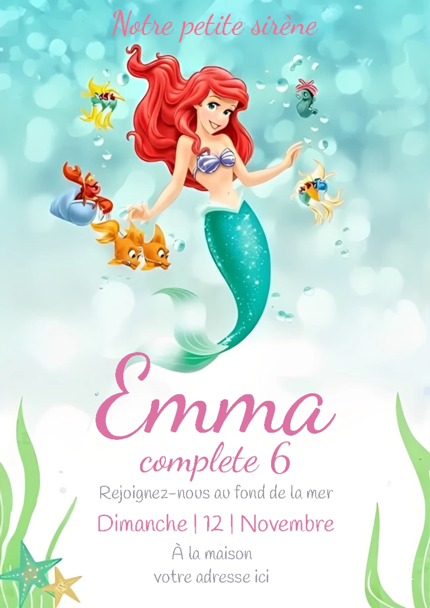 Invitation Anniversaire La Petite Sirène à Personnaliser