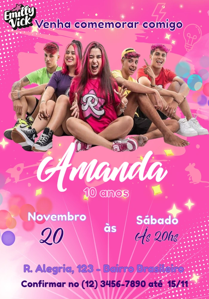 Convite de Aniversário Emily Vick Rosa e Vibrante para Editar