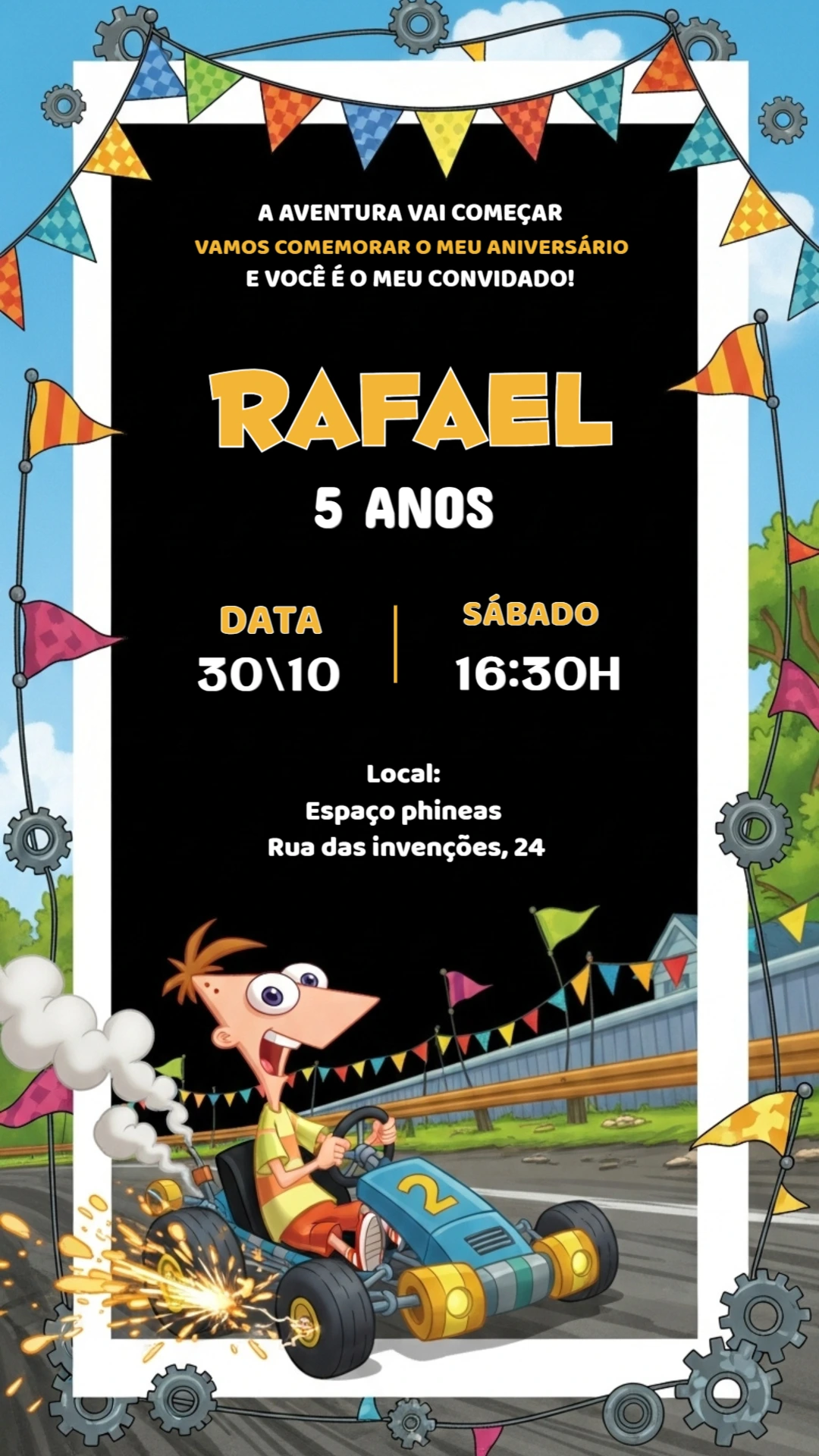 Convite Aniversário Phineas Corrida para Editar Online