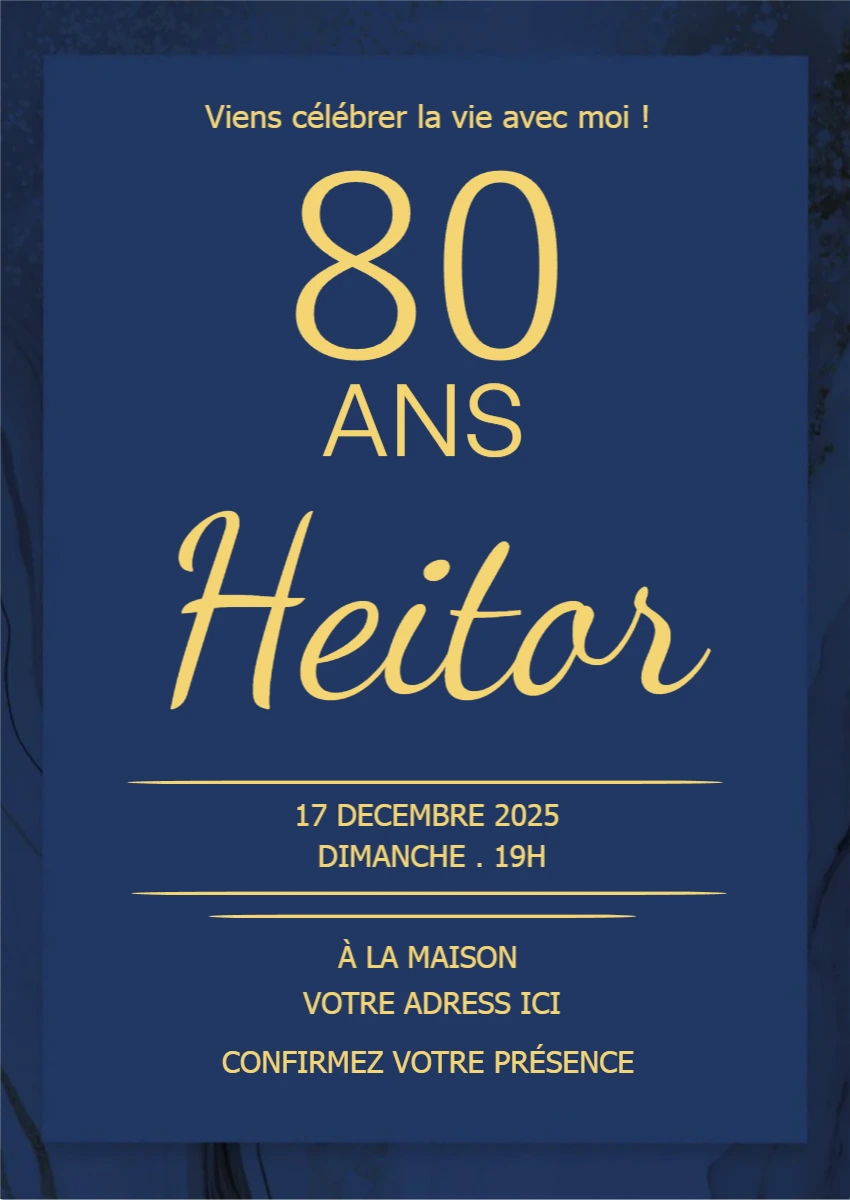 Invitation Anniversaire 80 ans Élégante Bleu et Or à Modifier