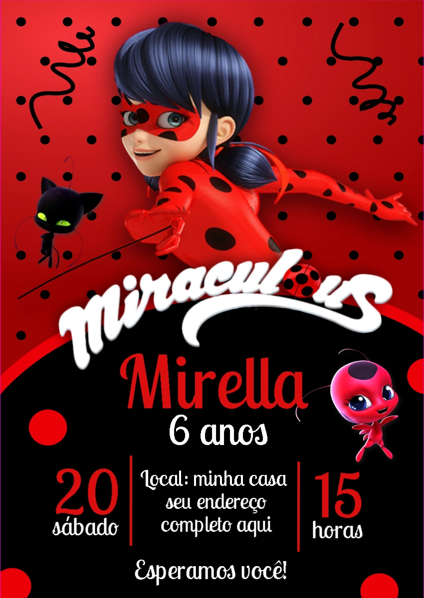 Convite Aniversário Miraculous Ladybug para Editar Online