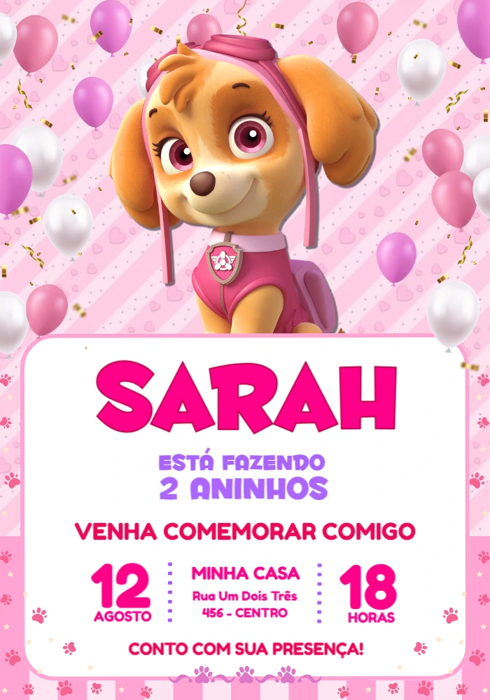 Convite Digital Aniversário Infantil Skye Patrulha Canina Editável