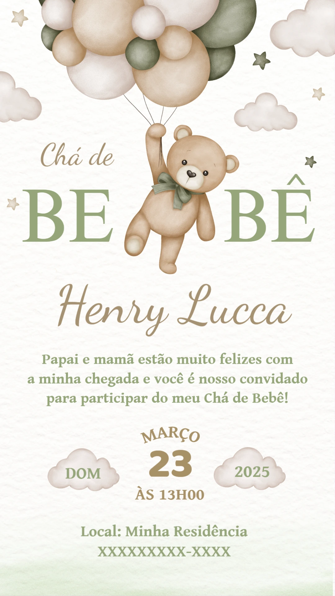 Convite Chá de Bebê Ursinho Aquarela para Editar Online