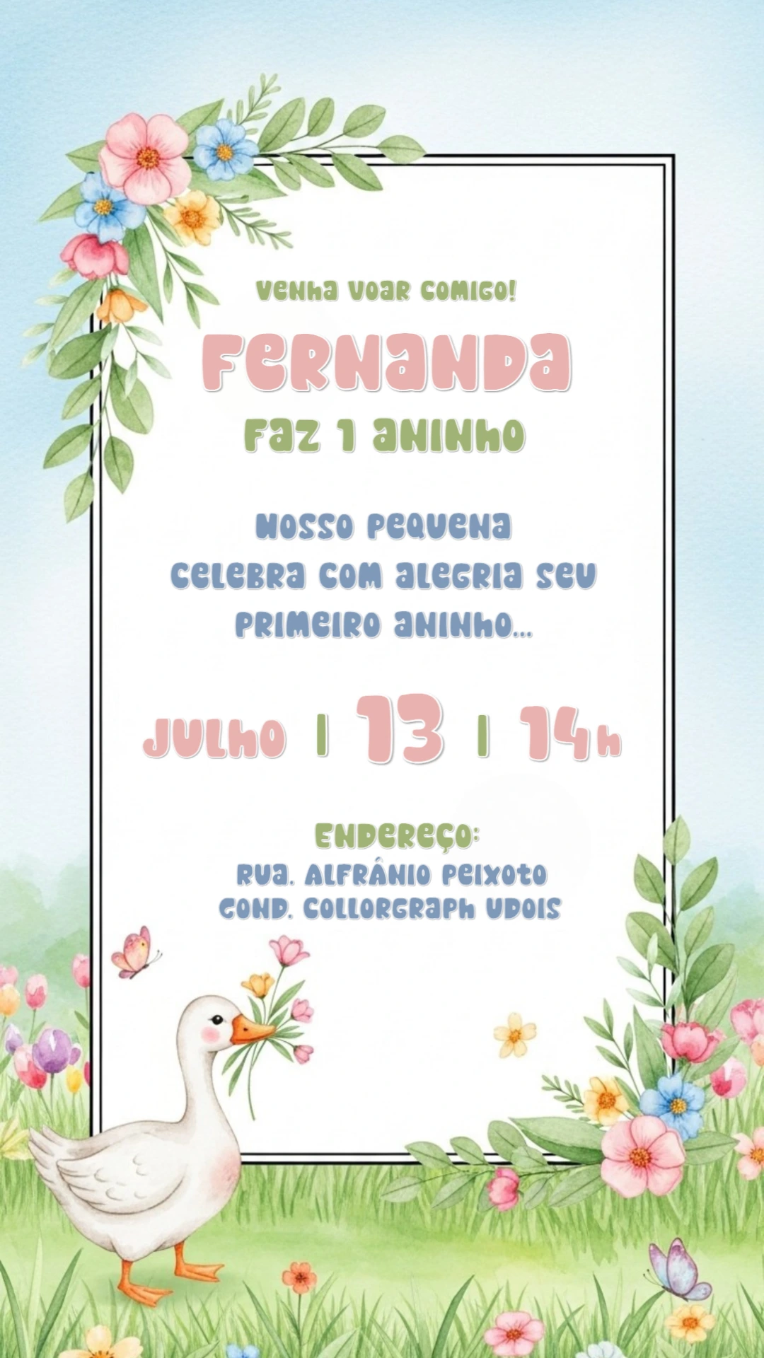 Convite Aniversário Ganso e Flores Aquarela para Editar
