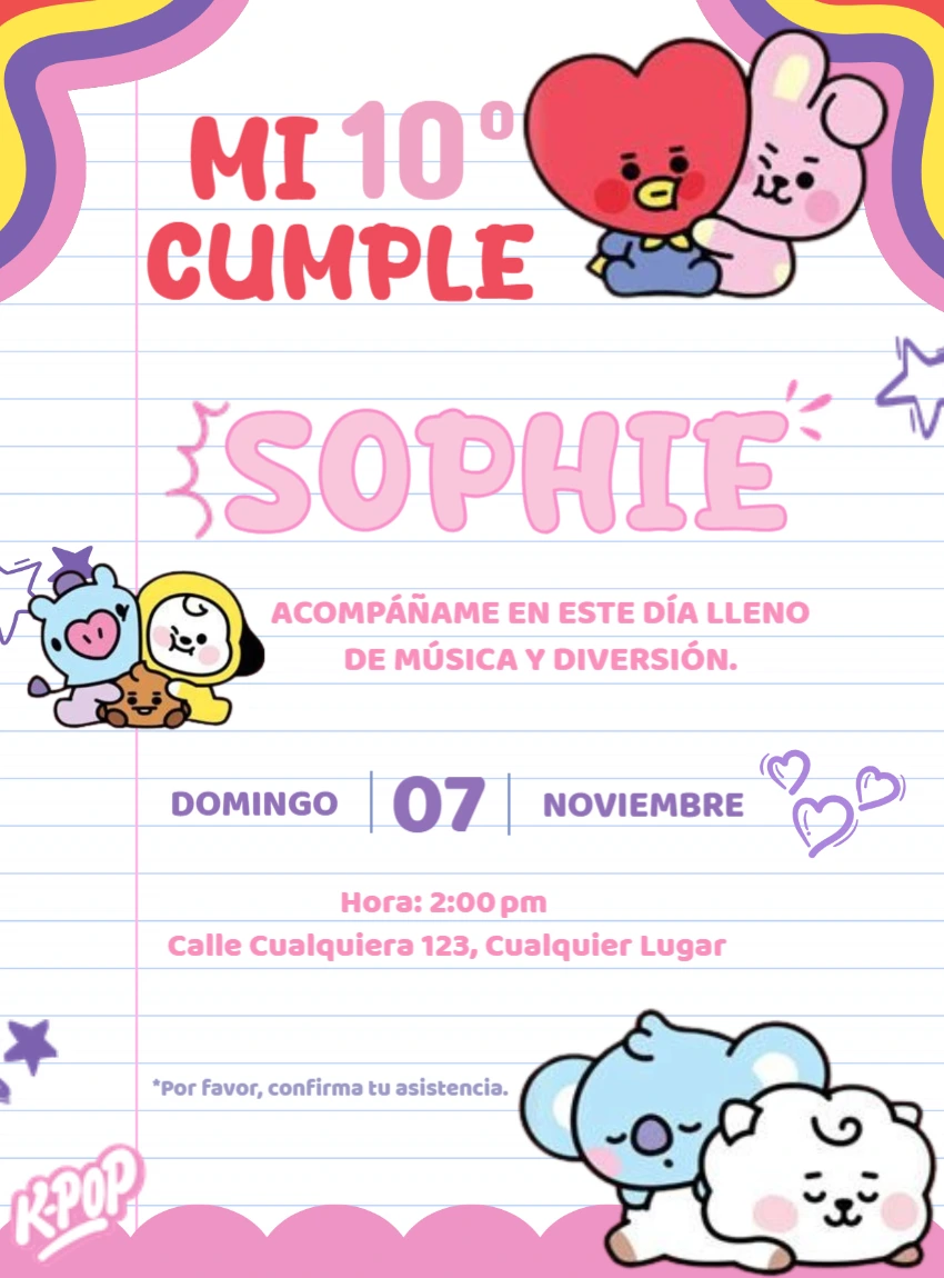 Invitación de Cumpleaños K-Pop BT21 Colorida para Editar