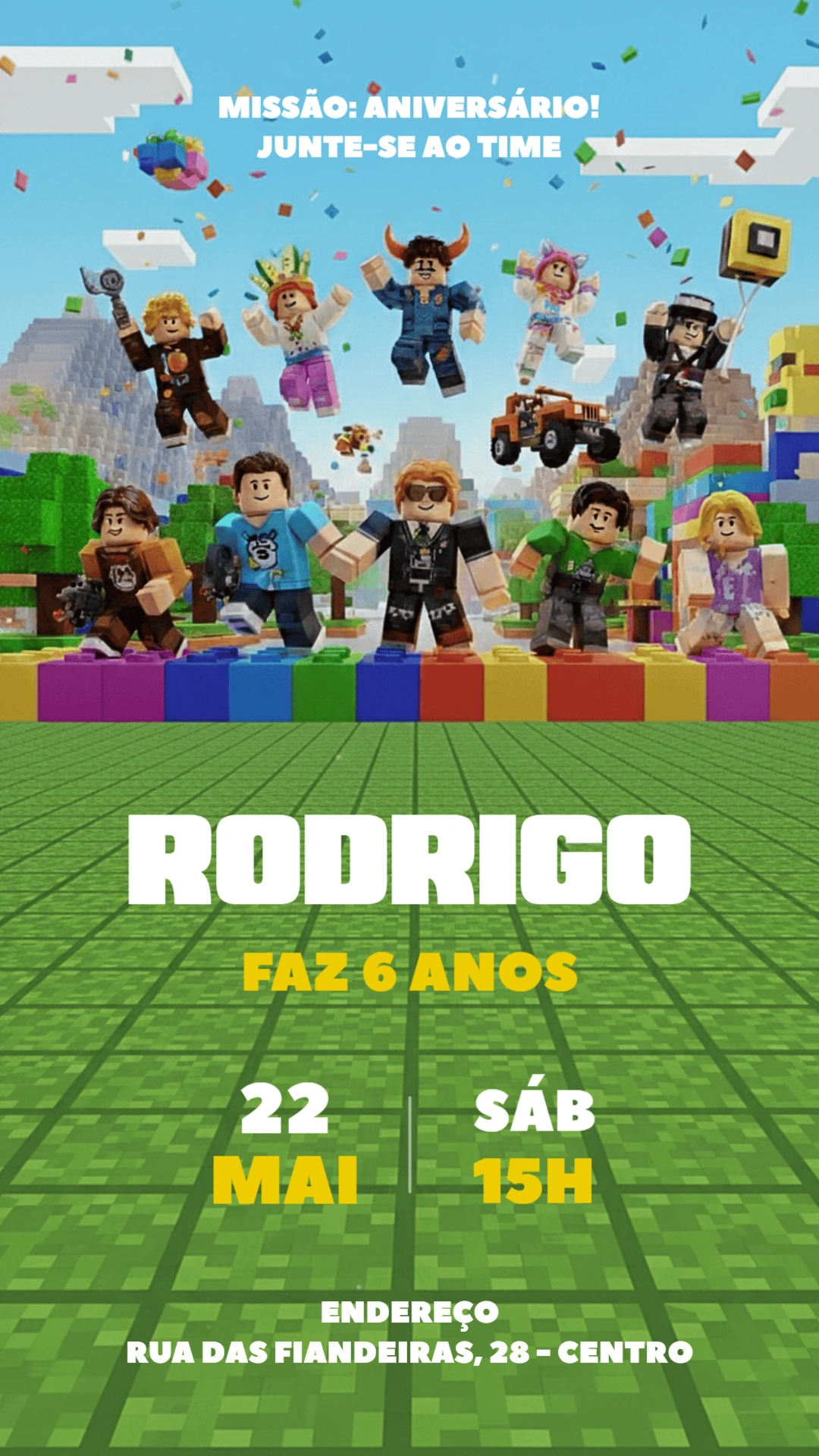 Convite de Aniversário Roblox com Personagens para Editar