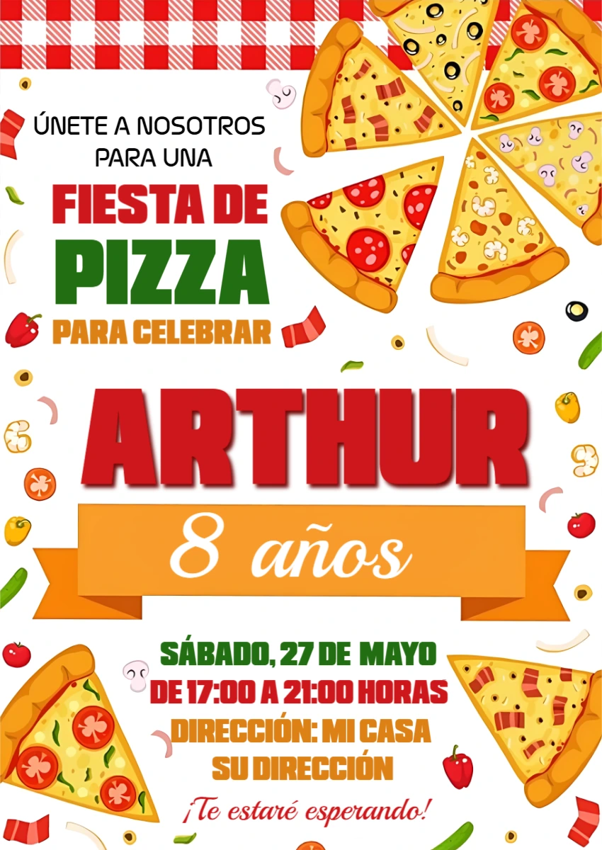 Invitación de Cumpleaños Fiesta de Pizza Editable y Colorida