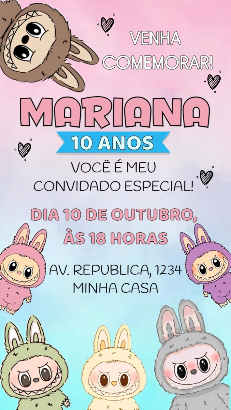 Convite de Aniversário Labubu Rosa para Editar Online
