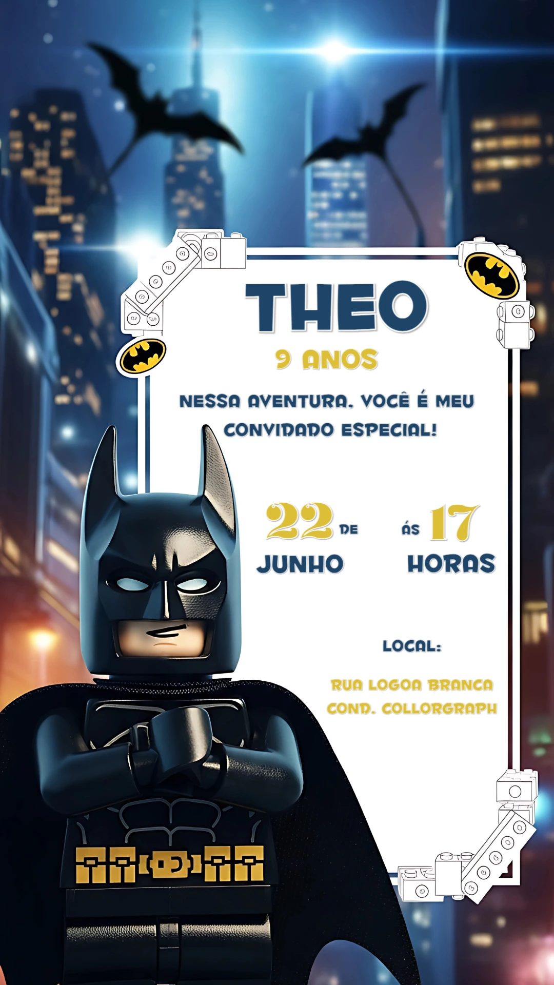 Convite de Aniversário Batman Lego para Editar Online