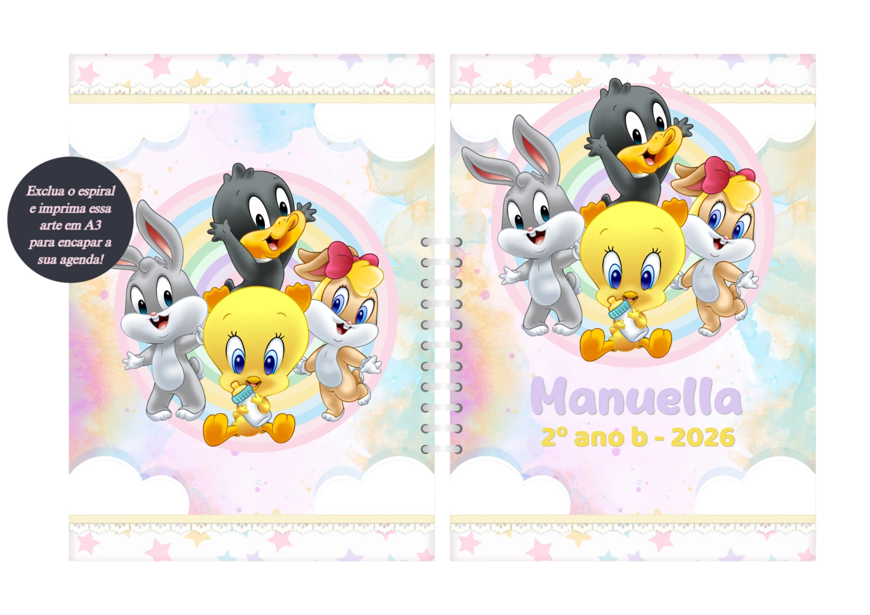 Capa de Agenda Baby Looney Tunes Editável Online para Imprimir