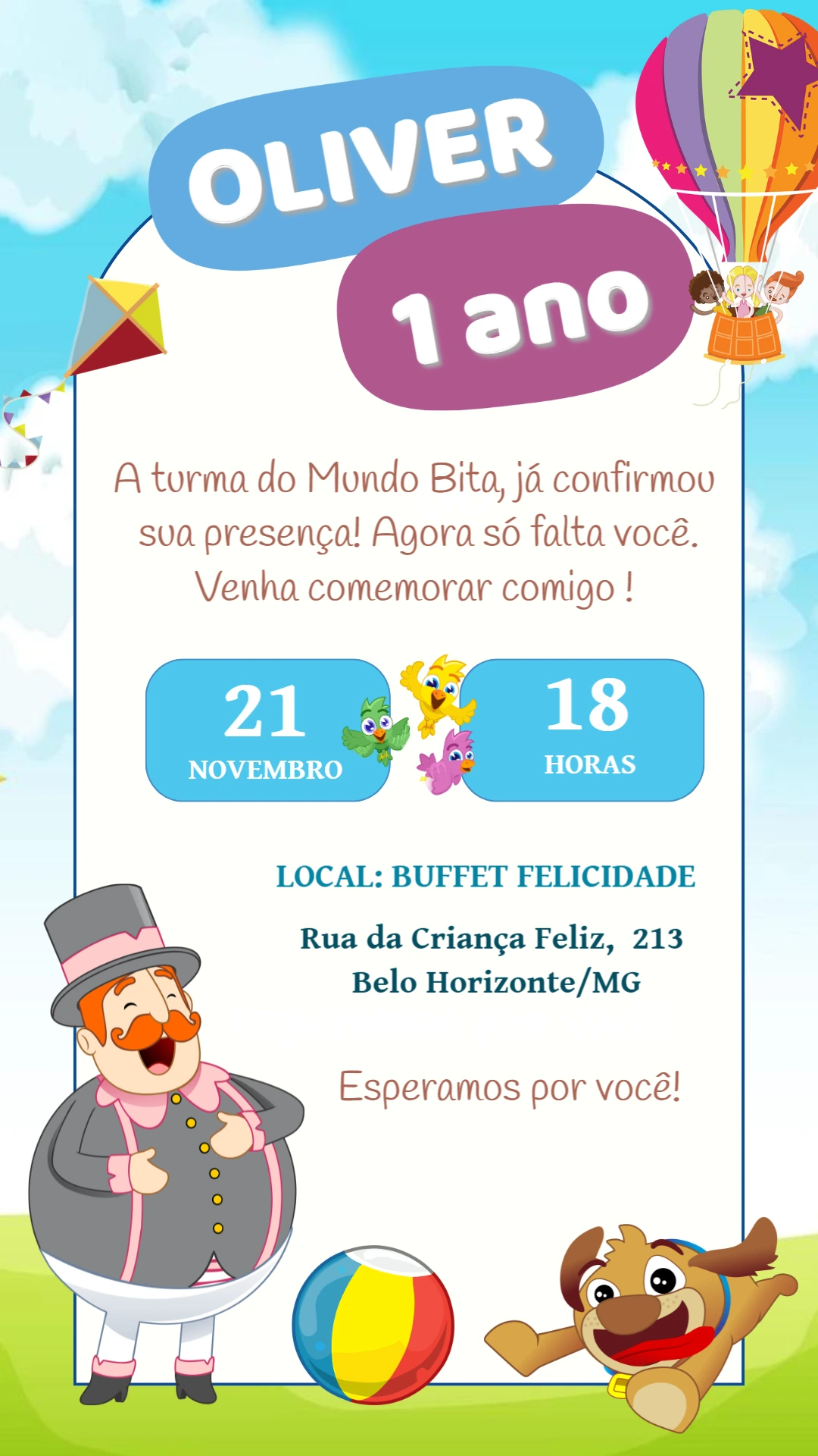 Convite de Aniversário Mundo Bita com Personagens para Editar