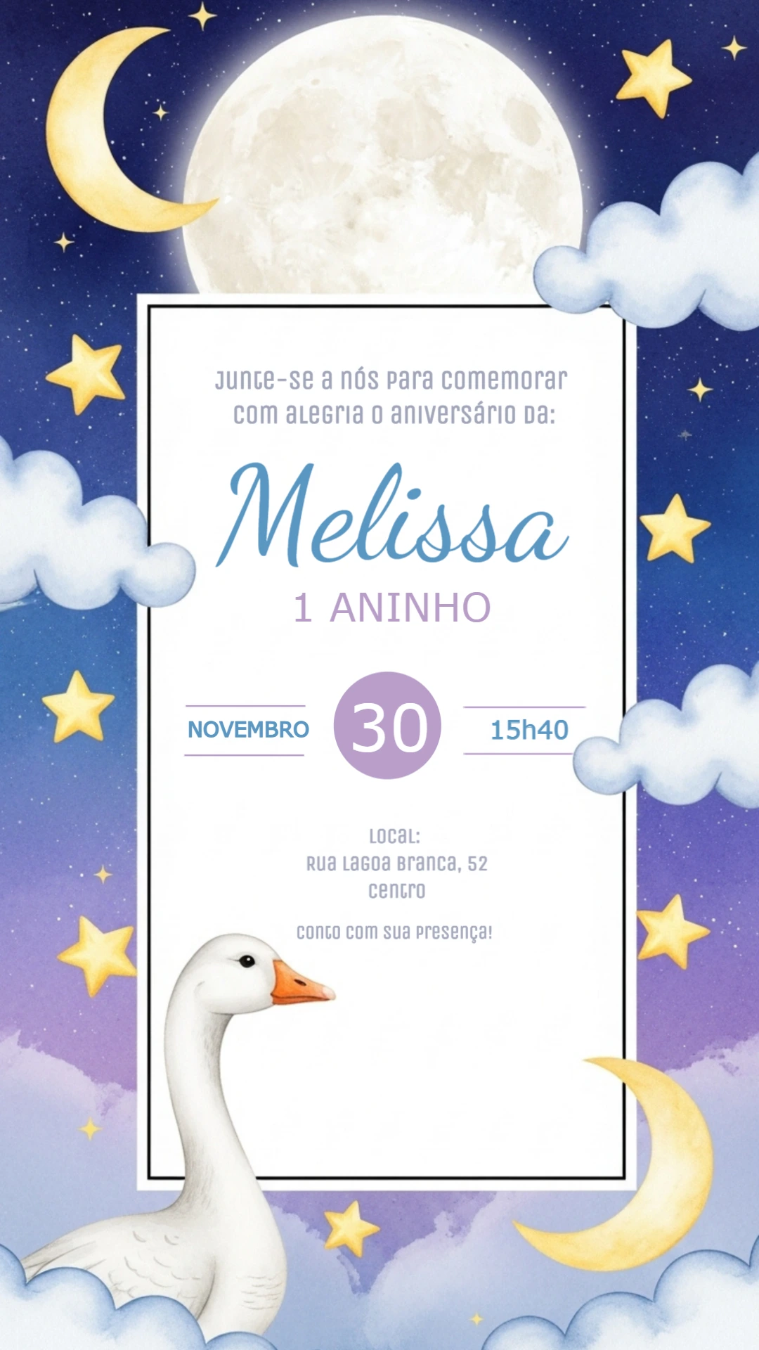 Convite Aniversário Ganso e Lua no Céu Estrelado para Editar